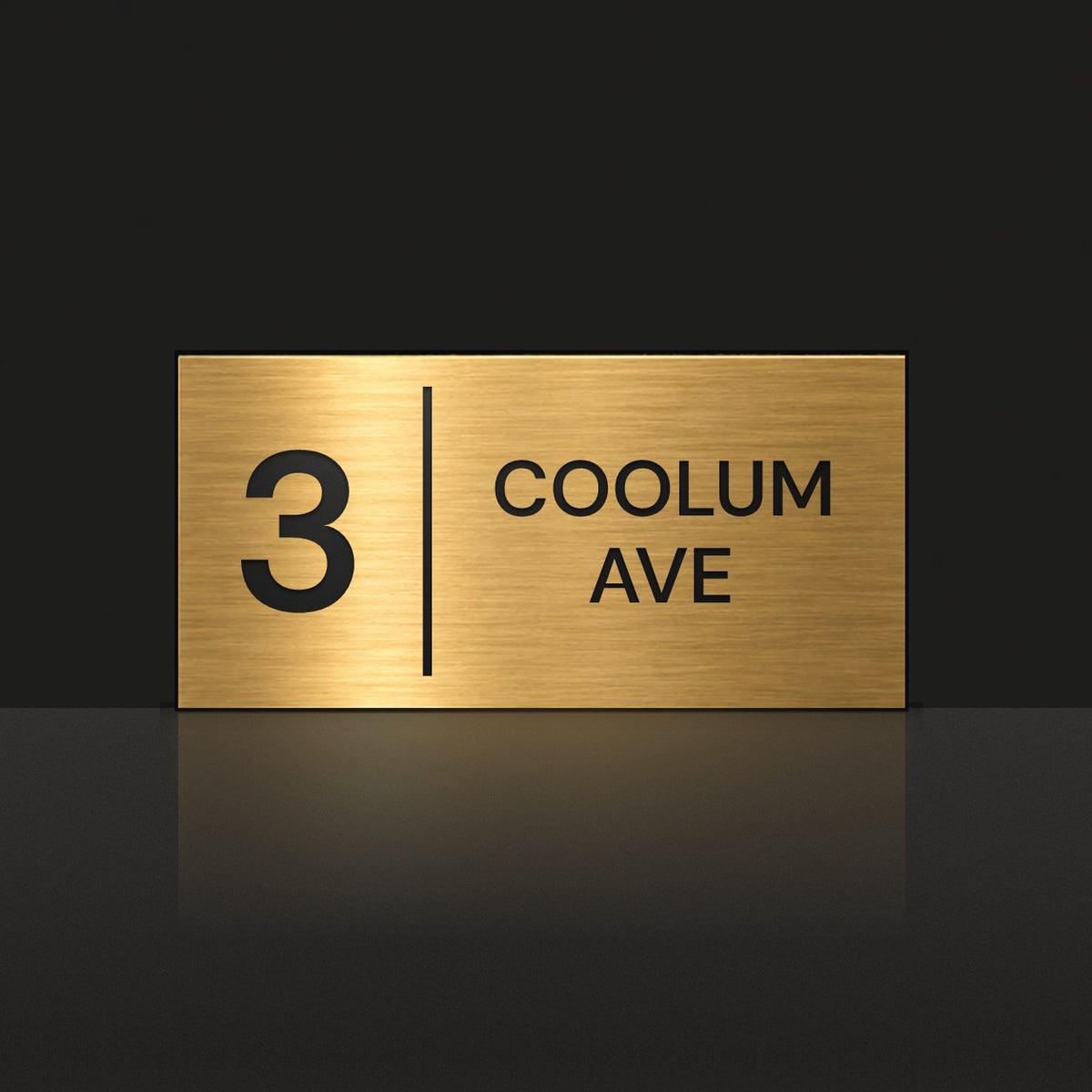 Brushed gold house number and street name sign with a brushed metal look, The Coolum, reading 3 Coolum Ave in black lettering, with a dividing line.