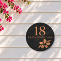 Black round house number and street name sign reading 18 Frangipani Lane with a frangipani flower cut through to brushed copper, The Currimundi style, on white weatherboards under a pink bougainvillea.