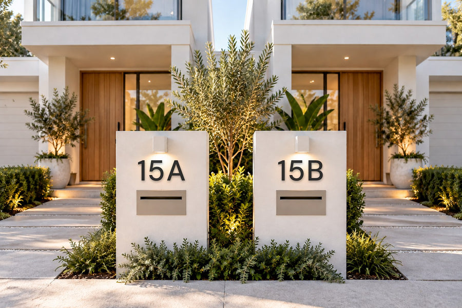Matte black floating acrylic house numbers 15A and 15B in the modern font on invisible standoffs, on the two white rendered letterbox pillars of a duplex, under the wall lights.