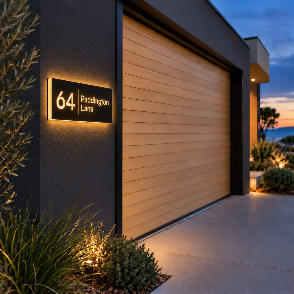 Matte black illuminated house number and street name sign, The Coolum, mounted on a dark rendered wall beside a timber garage door at dusk with a warm halo around it, 64 Paddington Lane lit warm white.