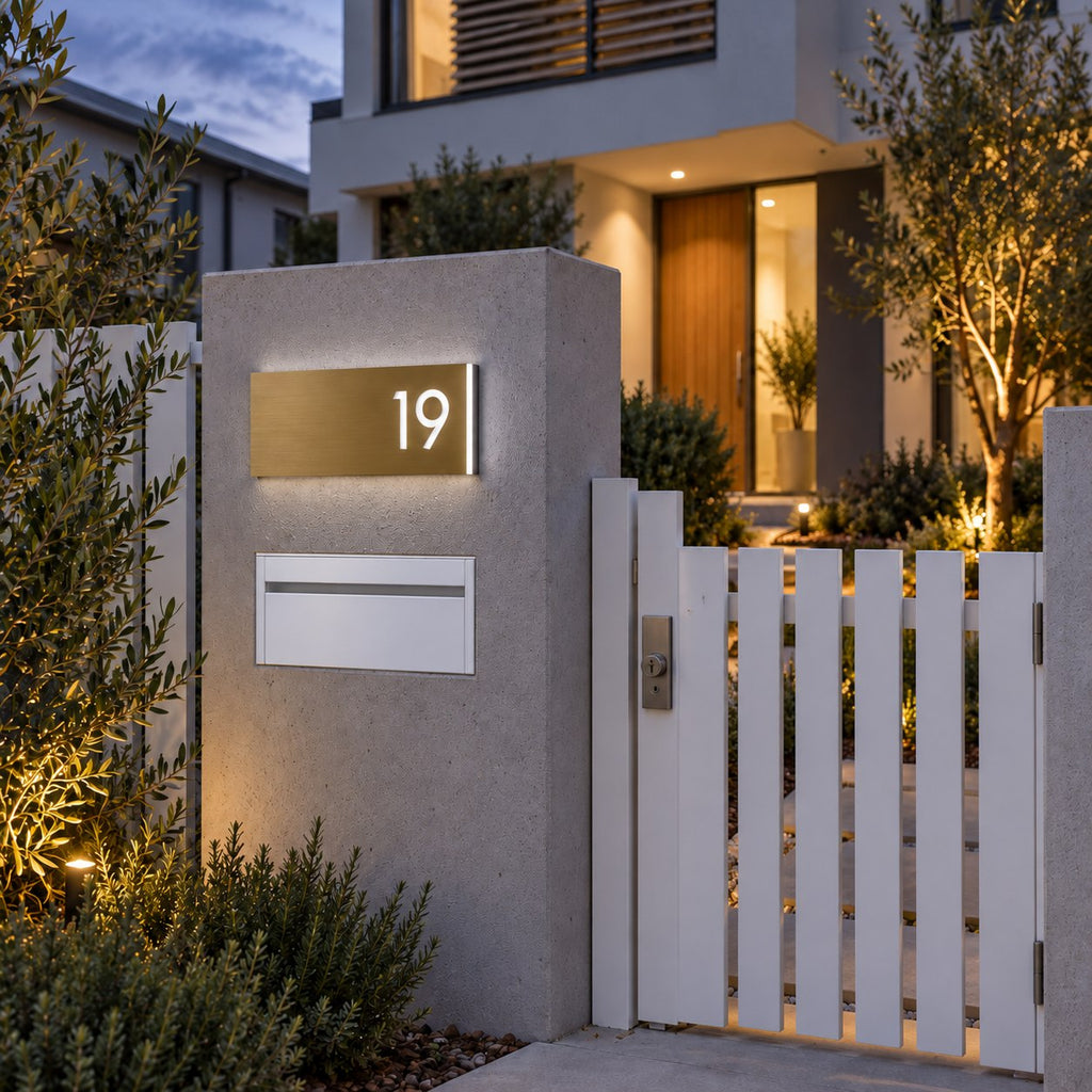 Brushed gold illuminated house number sign with a brushed metal look, The Kawana, mounted on a concrete entry pillar above the mailbox at a contemporary house at dusk, the number 19 lit from behind.