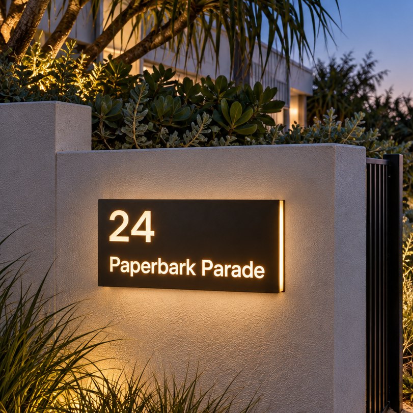 Matte black illuminated house number and street name sign, The Peregian, mounted on a rendered entry pillar beside a gate at dusk, 24 Paperbark Parade lit warm white with a soft halo on the render.