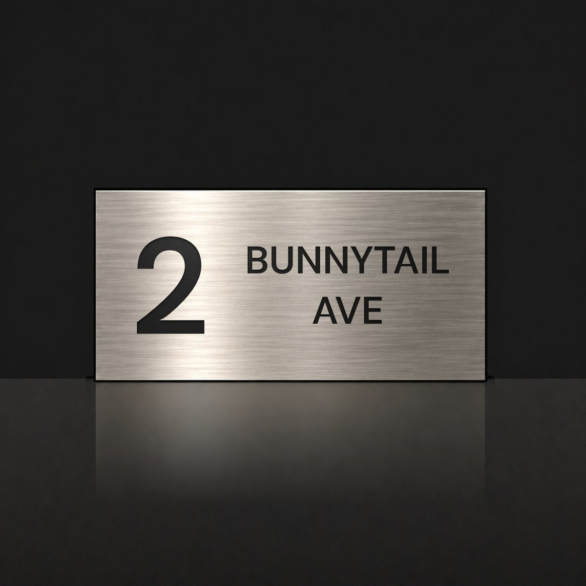 Brushed silver house number and street name sign with a brushed metal look, The Maleny, reading 2 Bunnytail Ave in black lettering.