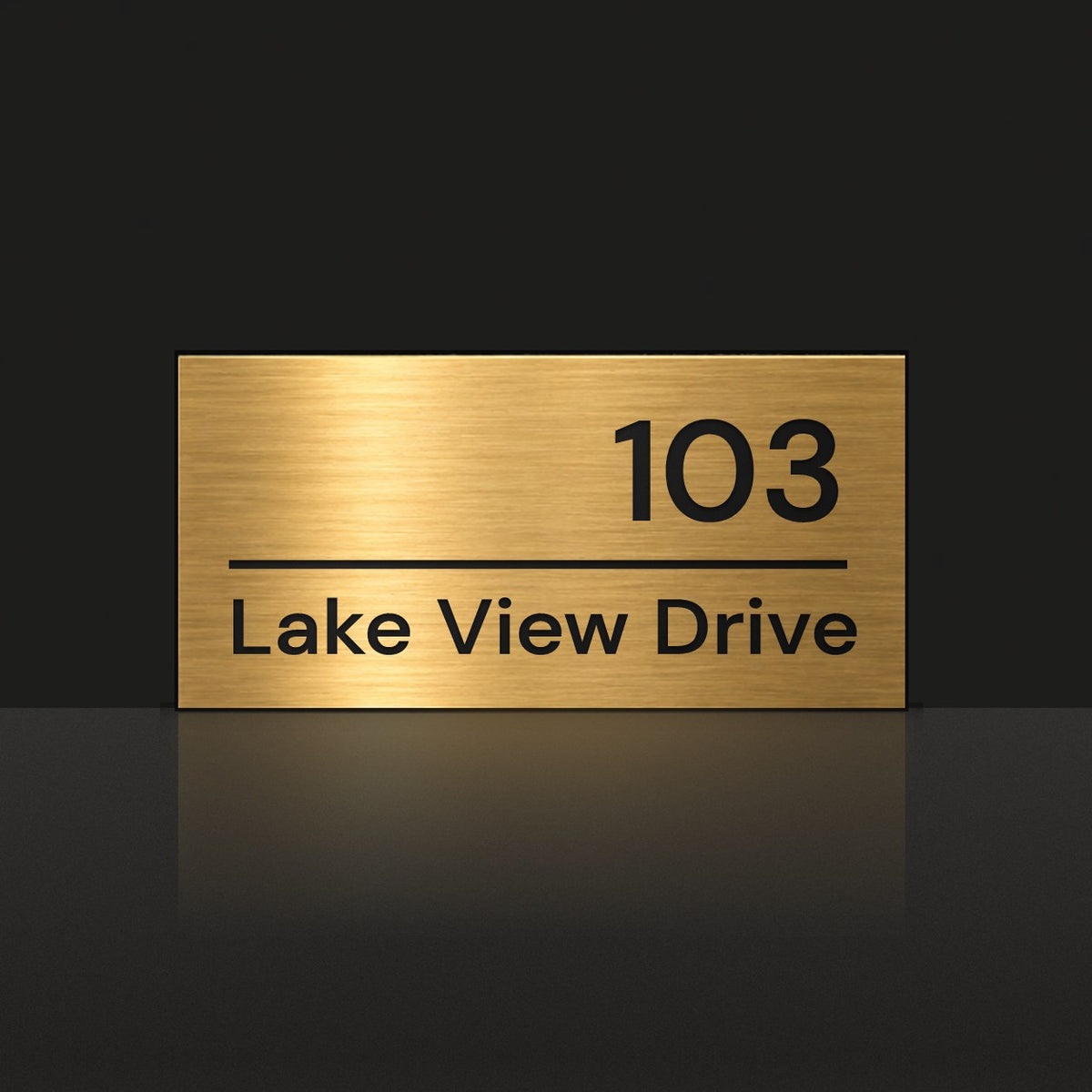 Brushed gold house number and street name sign with a brushed metal look, The Noosa, reading 103 Lake View Drive in black lettering.