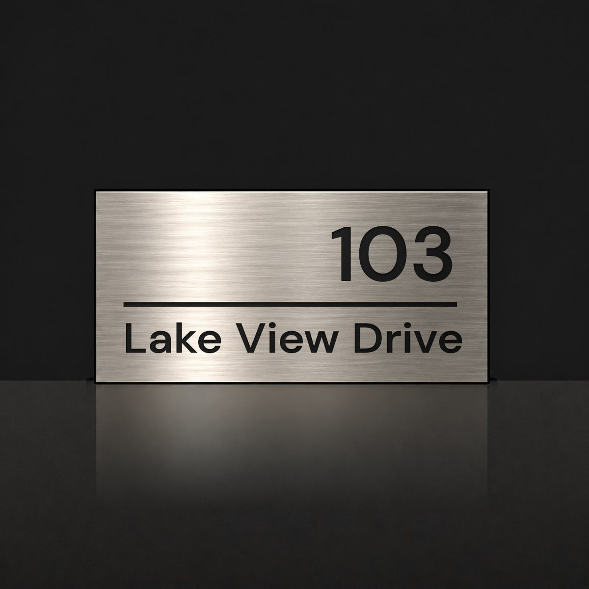 Brushed silver house number and street name sign with a brushed metal look, The Noosa, reading 103 Lake View Drive in black lettering.