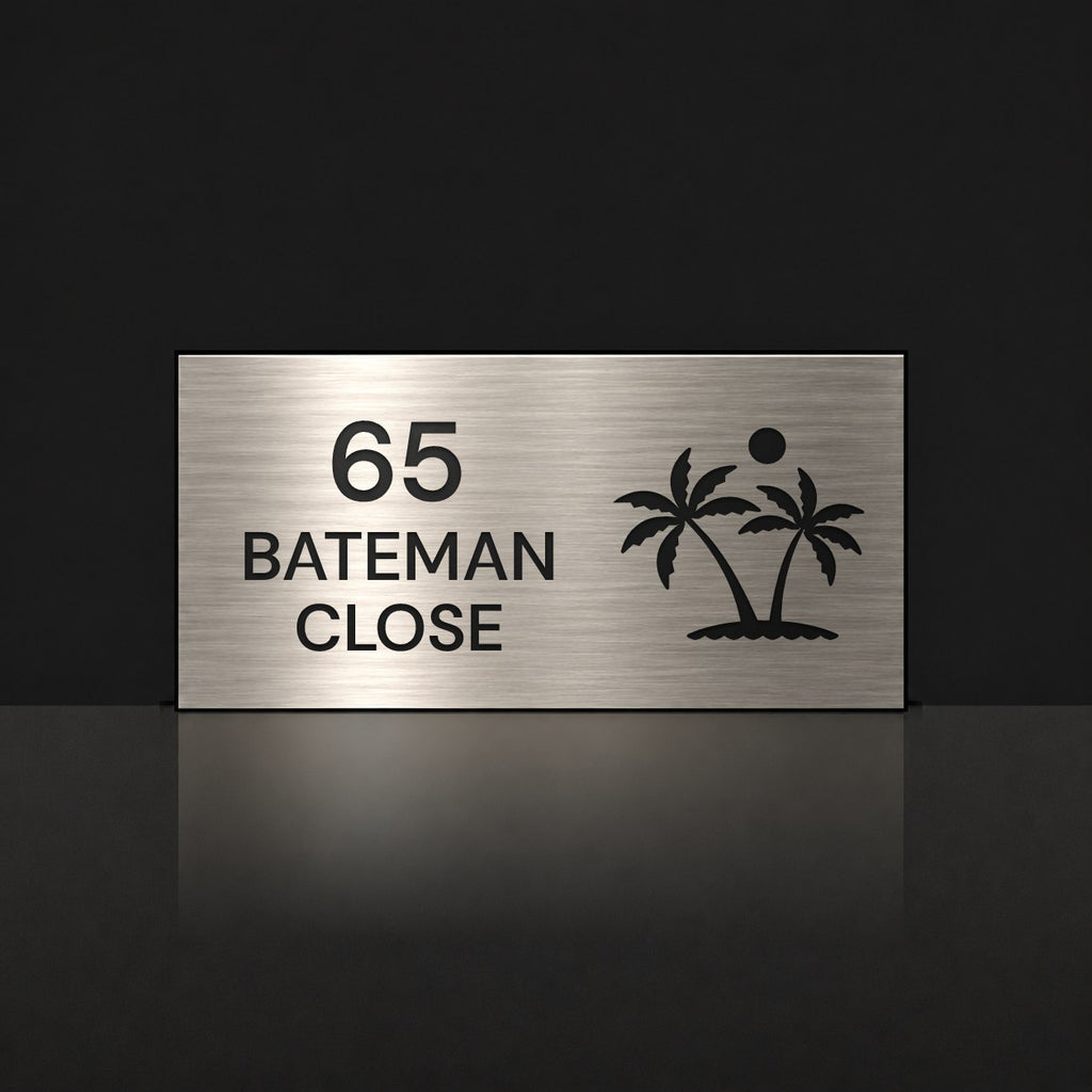Brushed silver house number and street name sign with a brushed metal look, The Yaroomba, reading 65 Bateman Close in black lettering, with palm trees and a sun.