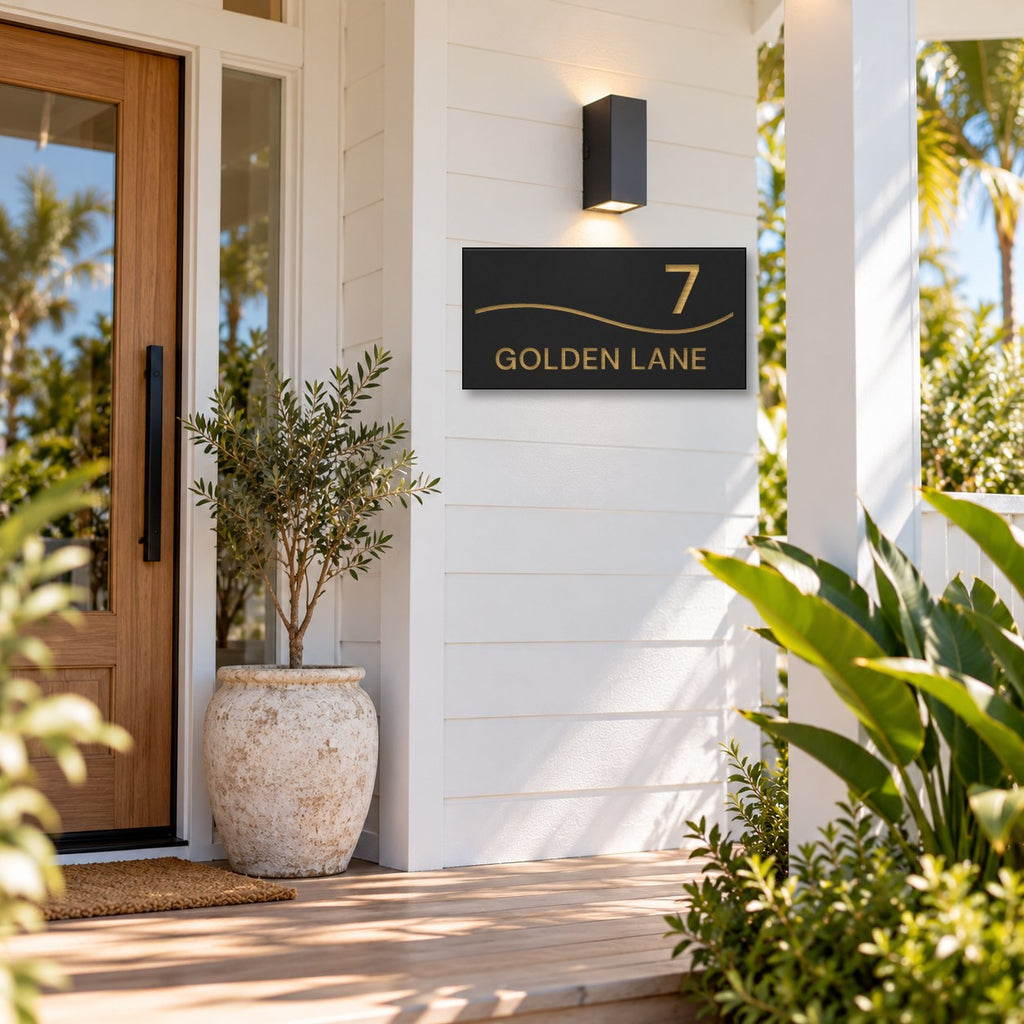 Brushed gold house number and street name sign with a brushed metal look, The Bokarina, black face reading 7 Golden Lane in gold lettering, with a wave line, mounted on white weatherboards beside a timber front door.