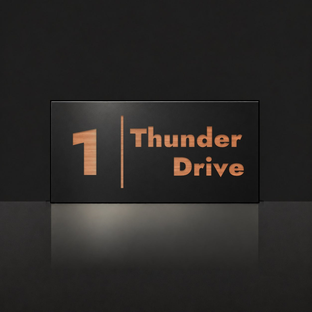 Brushed copper house number and street name sign with a brushed metal look, The Coolum, black face reading 1 Thunder Drive in copper lettering, with a dividing line.