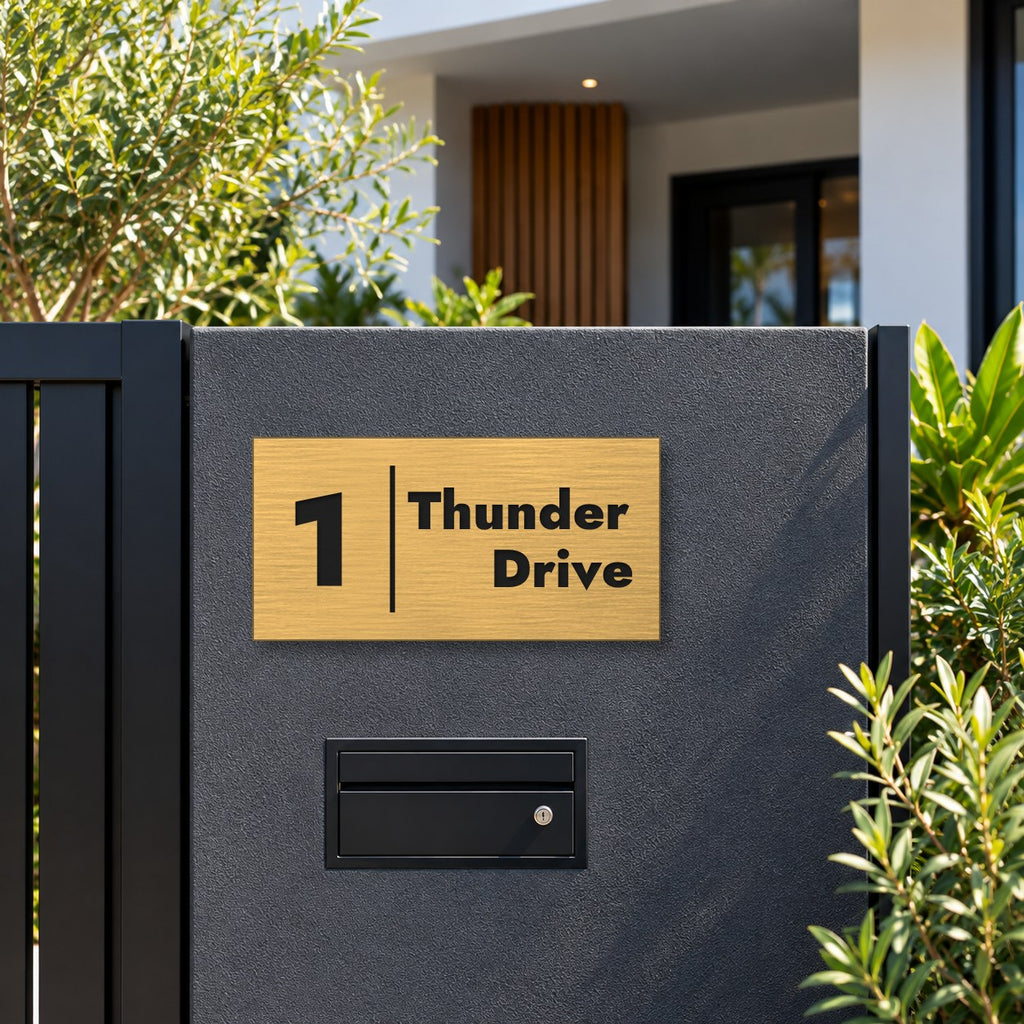 Brushed gold house number and street name sign with a brushed metal look, The Coolum, reading 1 Thunder Drive in black lettering, with a dividing line, mounted on a charcoal rendered pillar above a black letterbox.