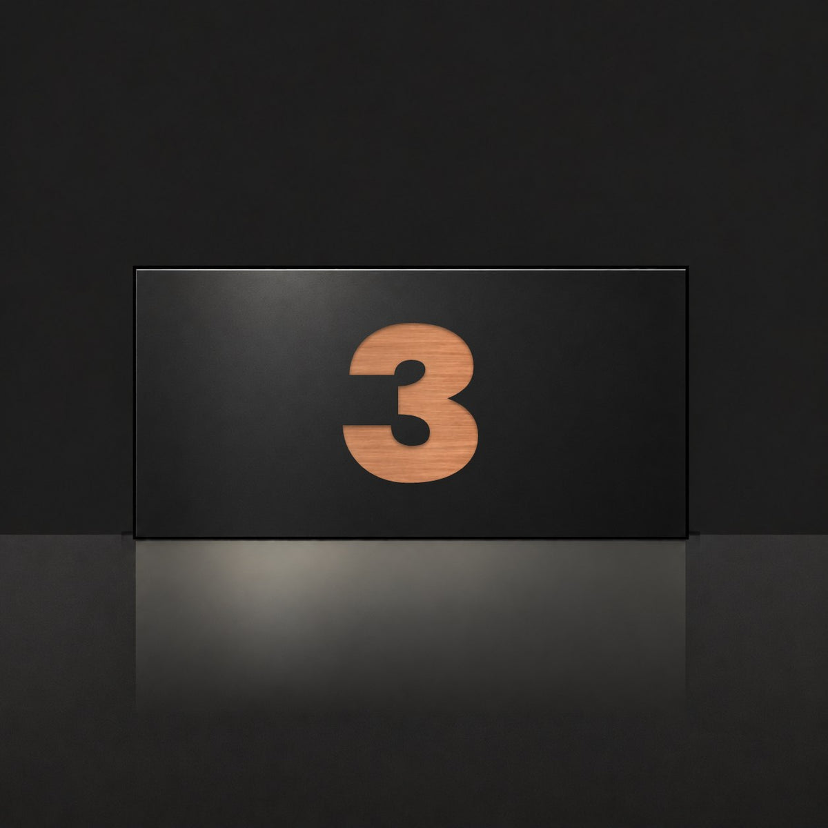 Brushed copper house number sign with a brushed metal look, The Kawana, black face with the number 3 in copper lettering.