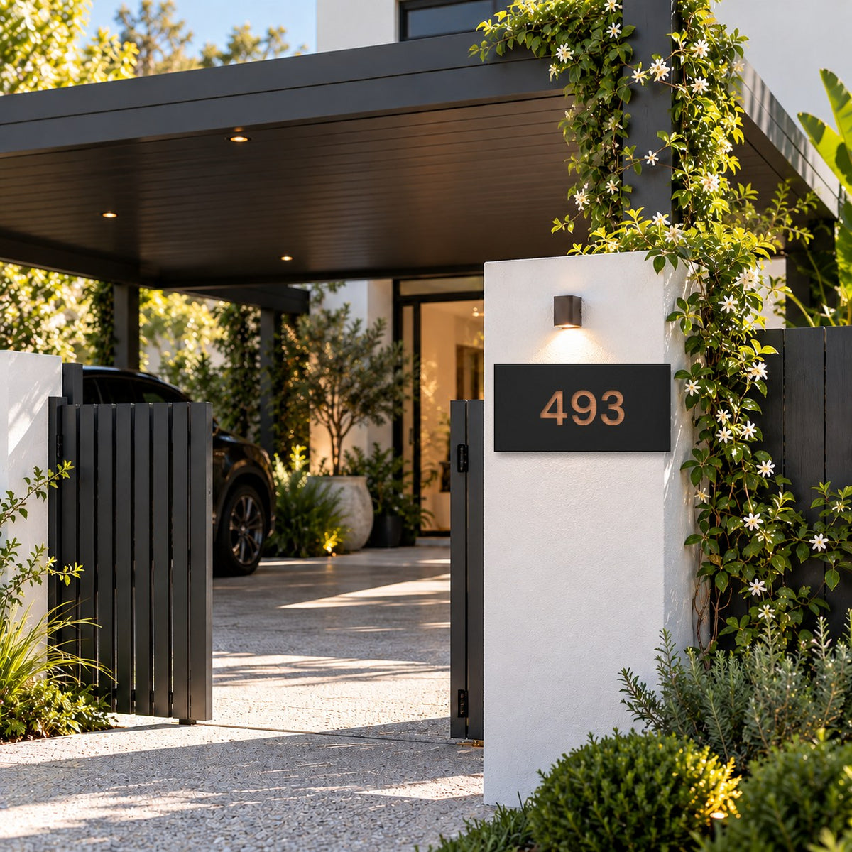 Brushed copper house number sign with a brushed metal look, The Kawana, black face with the number 493 in copper lettering, mounted on a white rendered pillar beside a black carport gate.