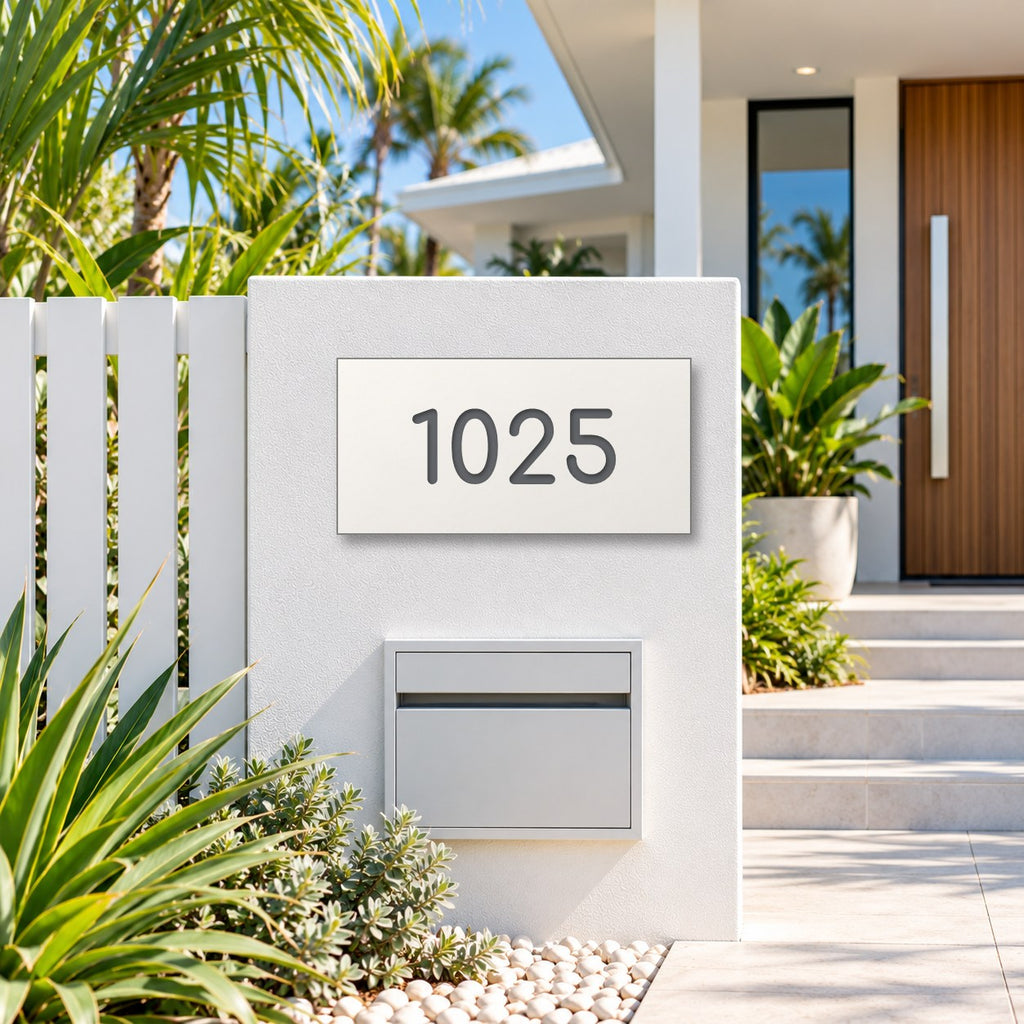 Matte white house number sign, The Kawana, with the number 1025 in charcoal lettering, mounted on a white rendered fence above a white letterbox.