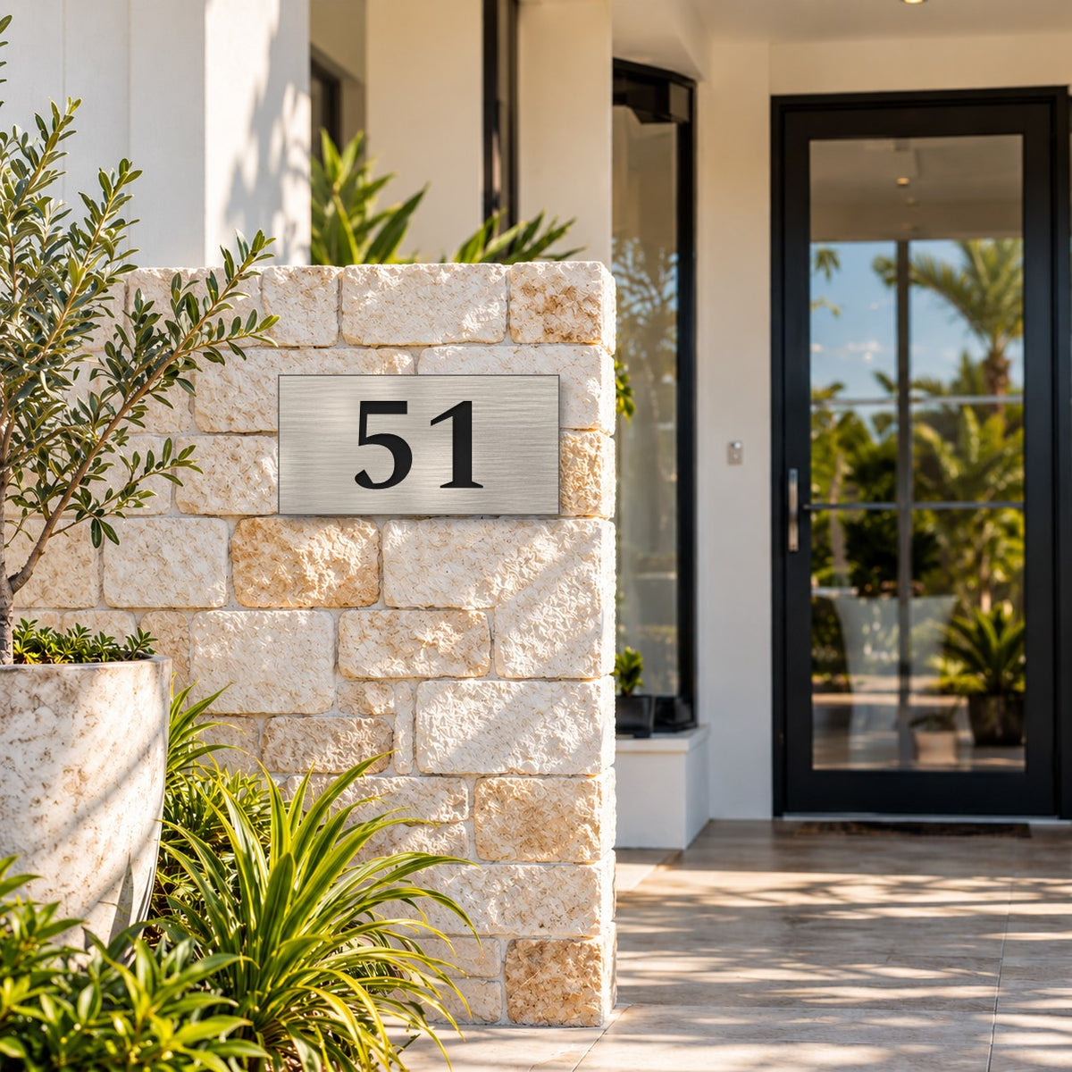 Brushed silver house number sign with a brushed metal look, The Kawana, with the number 51 in black lettering, mounted on a sandstone block pillar beside a glass front door.