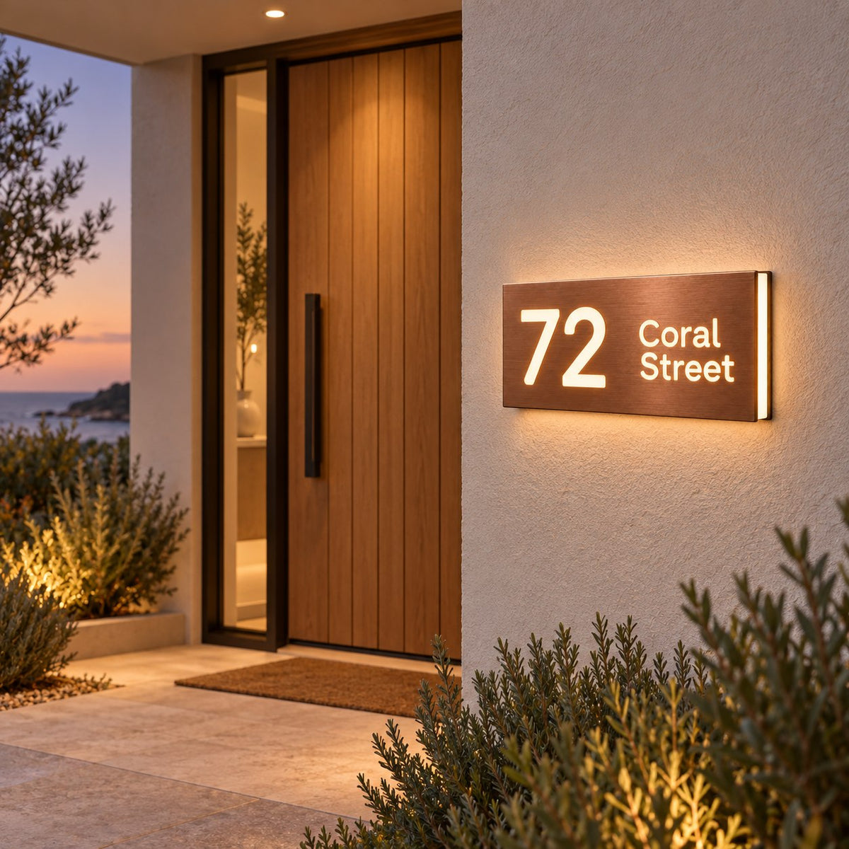 Brushed copper illuminated house number and street name sign with a brushed metal look, The Marcoola, mounted on a rendered wall beside a timber front door at dusk, 72 Coral Street lit warm white.