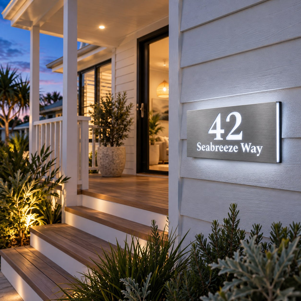Brushed silver illuminated house number and street name sign with a brushed metal look, The Peregian, mounted on white weatherboards beside a front porch at dusk, 42 Seabreeze Way lit cool white.