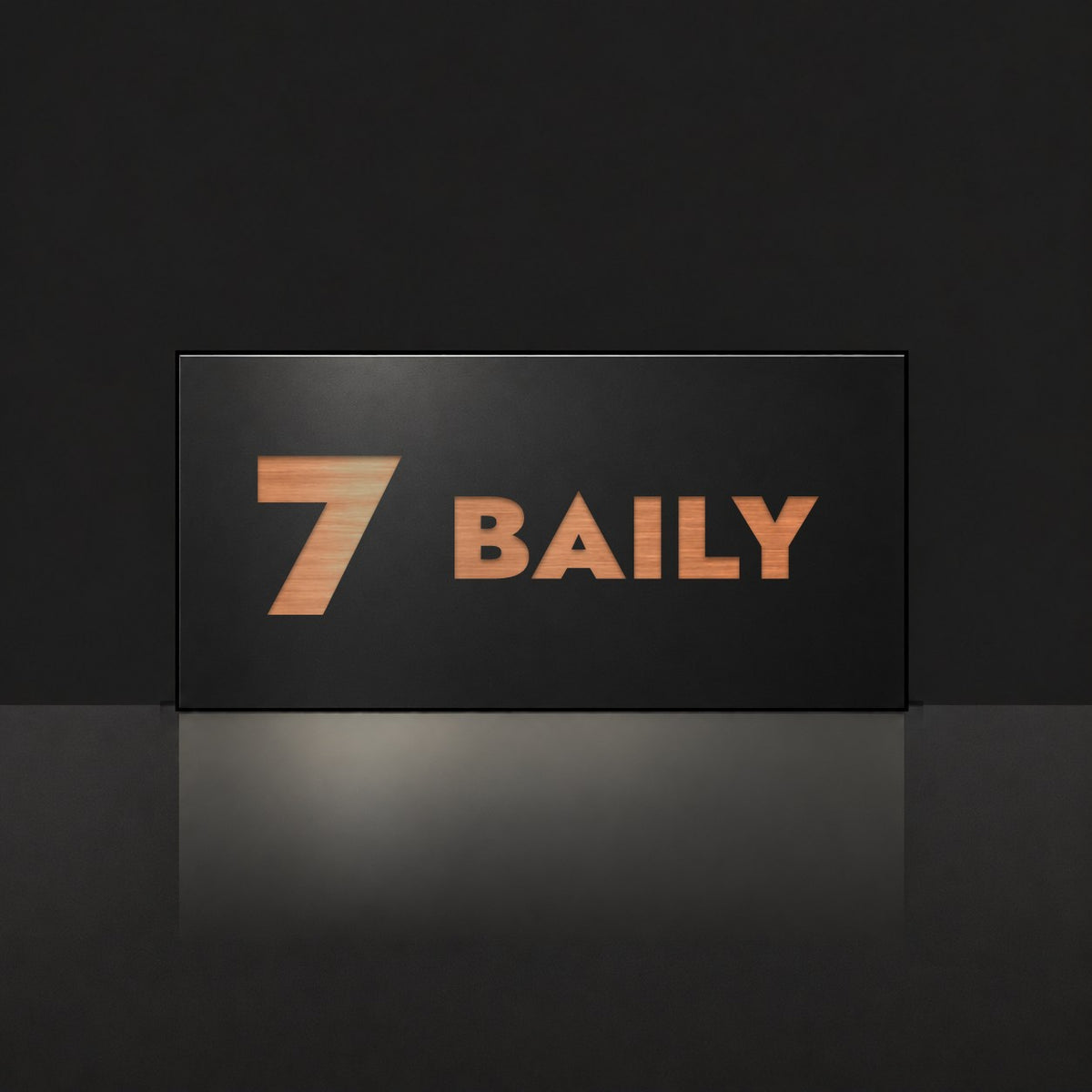 Brushed copper house number and street name sign with a brushed metal look, The Maleny, black face reading 7 Baily in copper lettering.