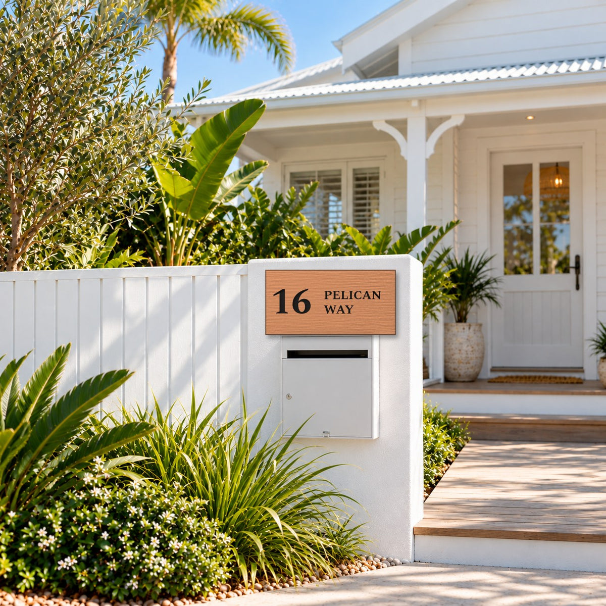 Brushed copper house number and street name sign with a brushed metal look, The Maleny, reading 16 Pelican Way in black lettering, mounted on a white fence pillar above a white letterbox, in front of a Queenslander.