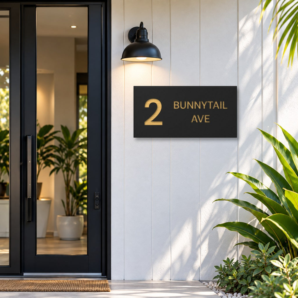 Brushed gold house number and street name sign with a brushed metal look, The Maleny, black face reading 2 Bunnytail Ave in gold lettering, mounted on white cladding beside a black front door.