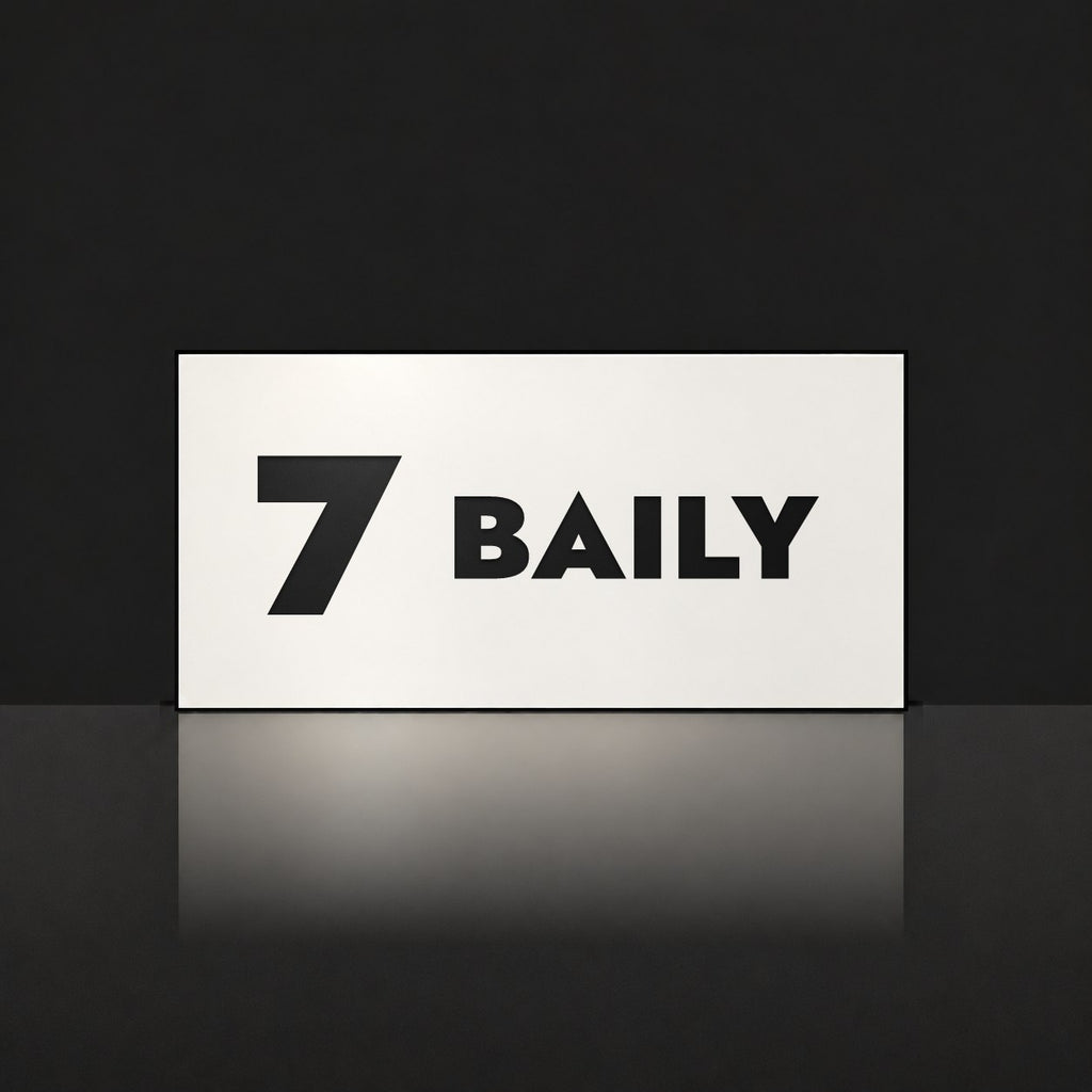 Matte white house number and street name sign, The Maleny, reading 7 Baily in black lettering.