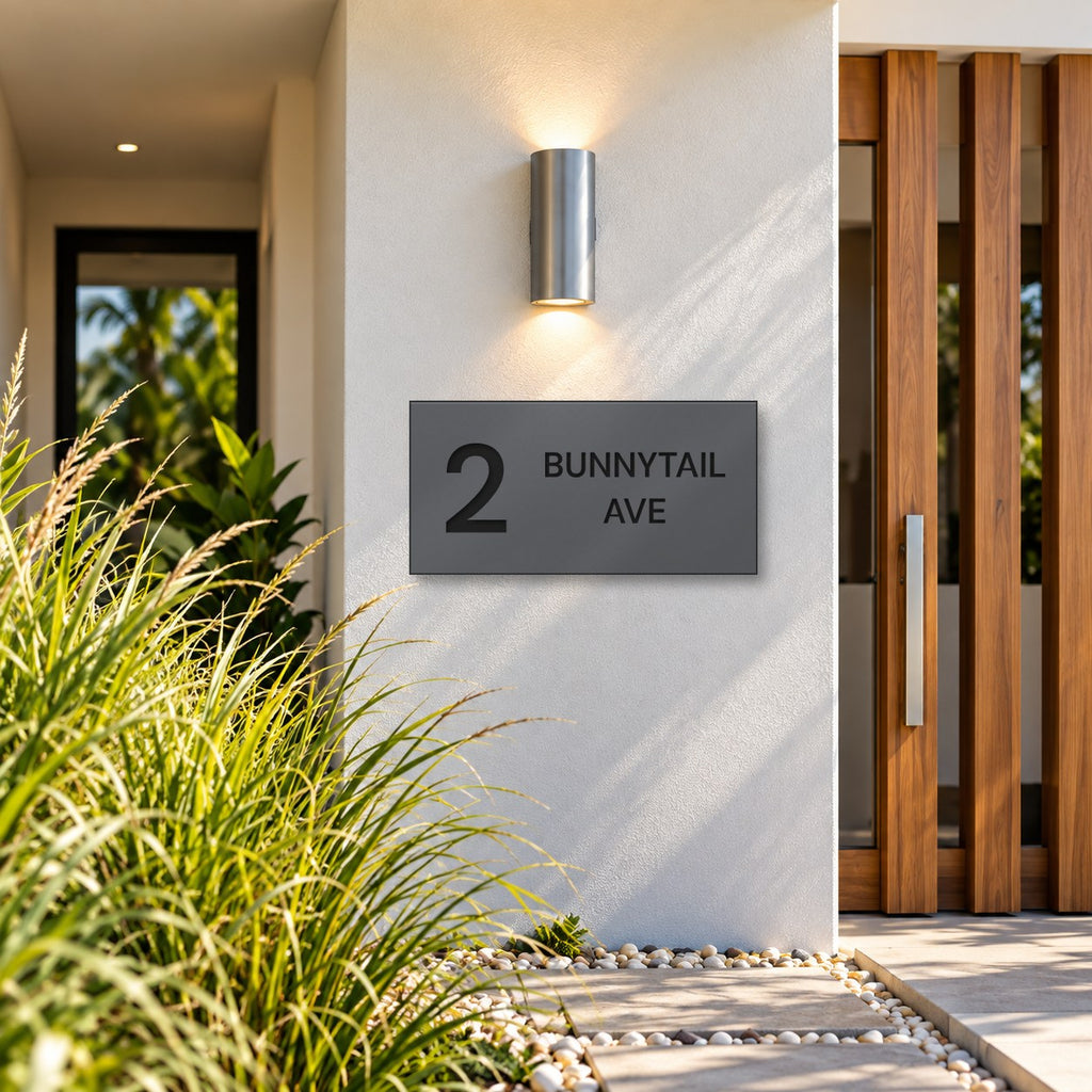 Matte charcoal house number and street name sign, The Maleny, reading 2 Bunnytail Ave in black lettering, mounted on a white rendered wall under a wall light, beside a timber front door.