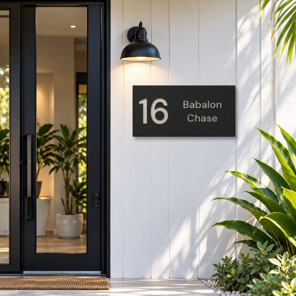 Brushed silver house number and street name sign with a brushed metal look, The Marcoola, black face reading 16 Babalon Chase in silver lettering, mounted on white cladding beside a black front door.