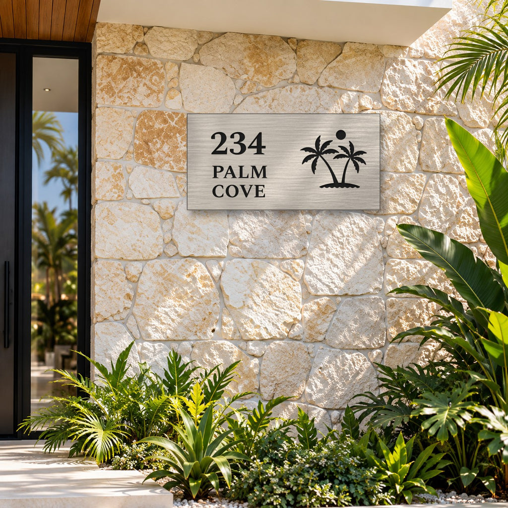 Brushed silver house number and street name sign with a brushed metal look, The Yaroomba, reading 234 Palm Cove in black lettering, with palm trees and a sun, mounted on a sandstone feature wall beside the front door.