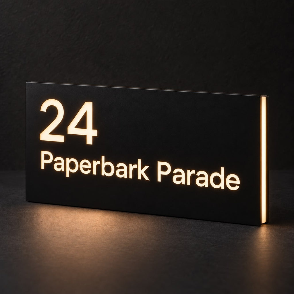 Matte black illuminated house number and street name sign, The Peregian, 24 Paperbark Parade cut through and lit from behind in warm white.