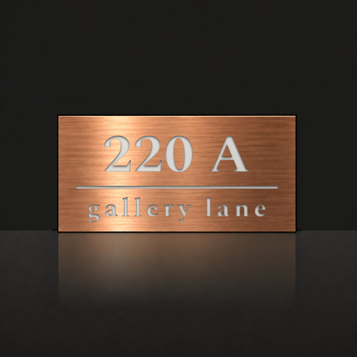 Brushed copper house number and street name sign with a brushed metal look, The Noosa, reading 220A Gallery Lane in white lettering.