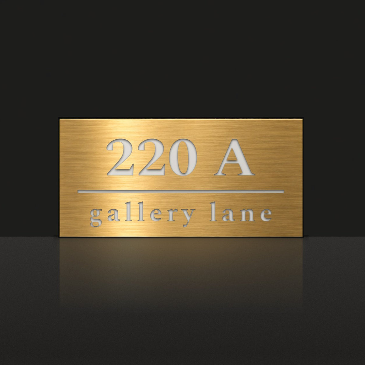 Brushed gold house number and street name sign with a brushed metal look, The Noosa, reading 220A Gallery Lane in white lettering.