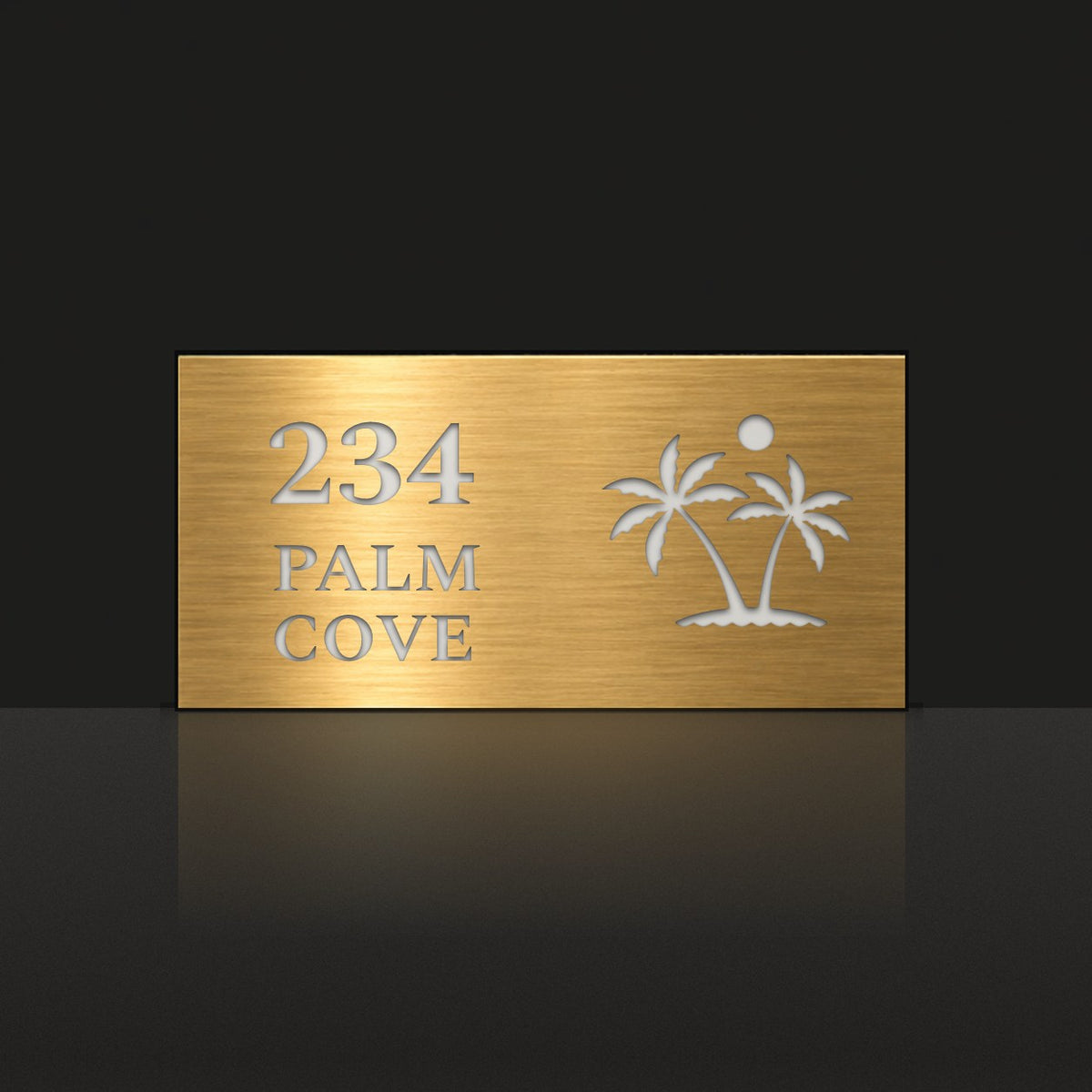 Brushed gold house number and street name sign with a brushed metal look, The Yaroomba, reading 234 Palm Cove in white lettering, with palm trees and a sun.
