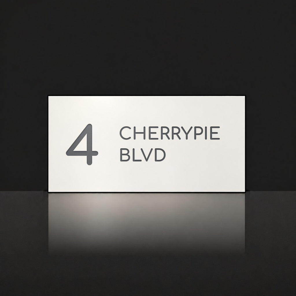 Matte white house number and street name sign, The Maleny, reading 4 Cherrypie Blvd in charcoal lettering.