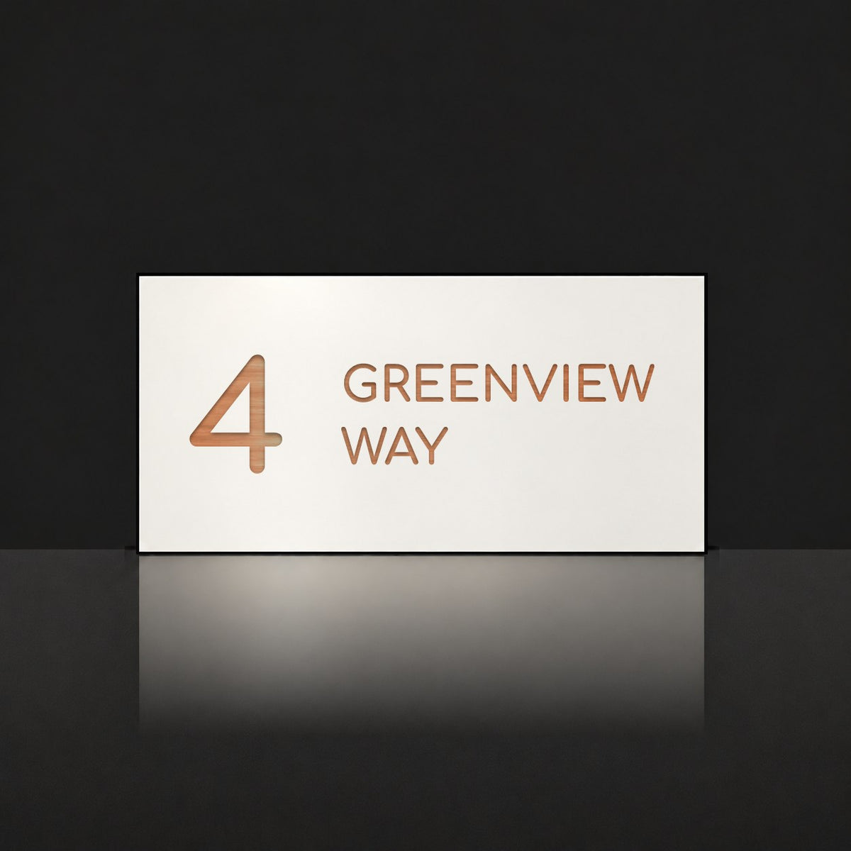 Brushed copper house number and street name sign with a brushed metal look, The Marcoola, white face reading 4 Greenview Way in copper lettering.