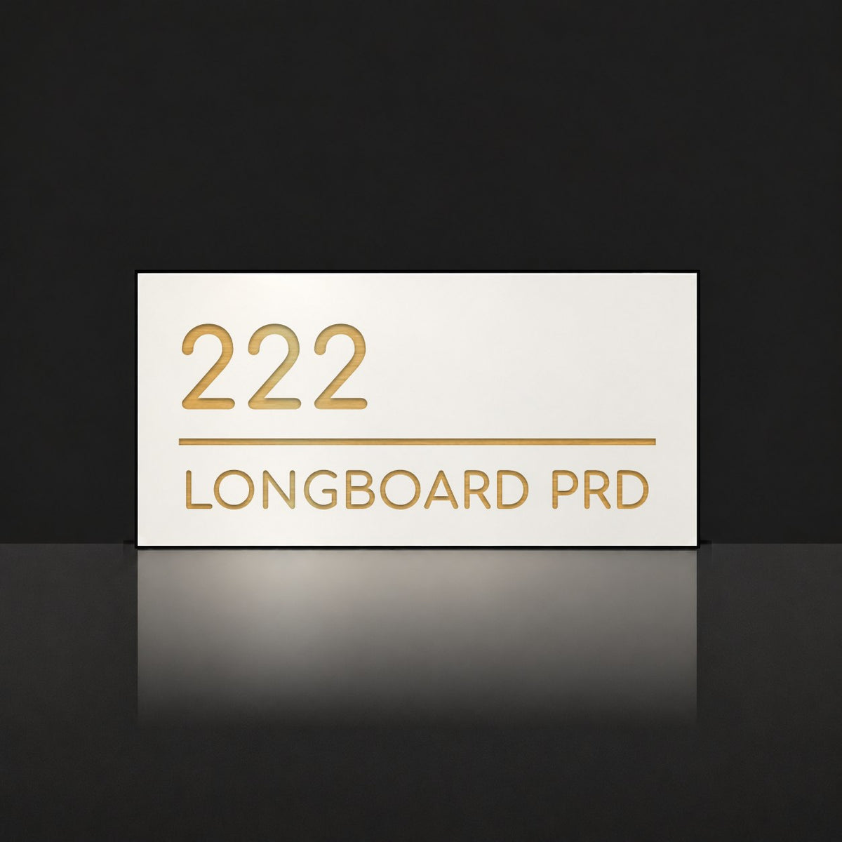 Brushed gold house number and street name sign with a brushed metal look, The Noosa, white face reading 222 Longboard Prd in gold lettering.