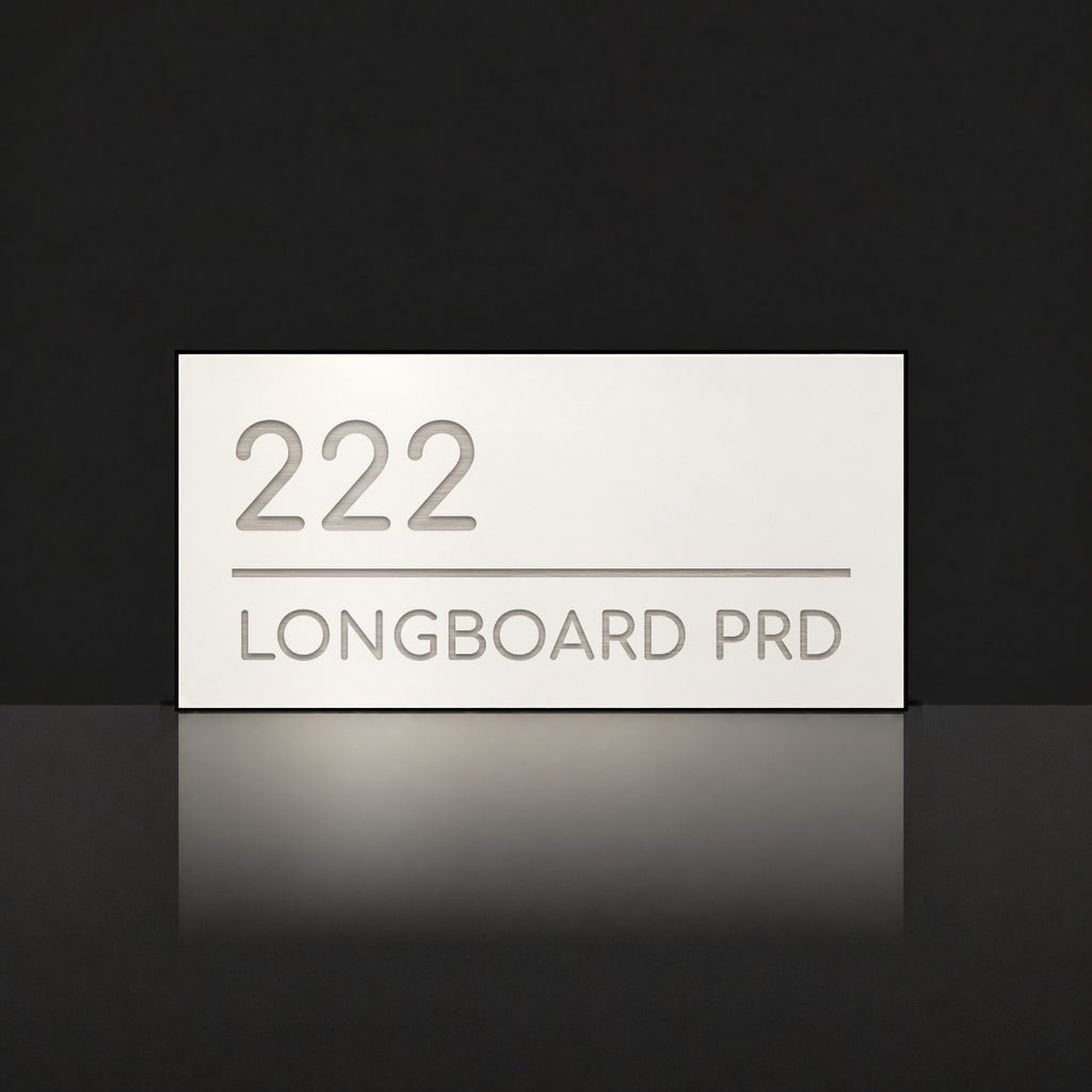 Brushed silver house number and street name sign with a brushed metal look, The Noosa, white face reading 222 Longboard Prd in silver lettering.
