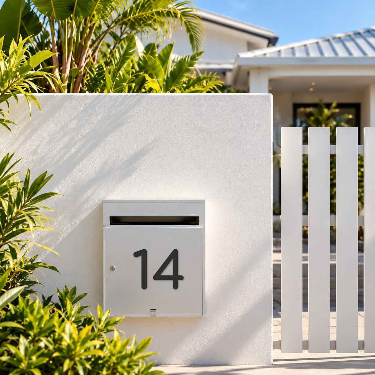 Matte black acrylic house number 14 in the rounded font, fixed flat with double sided tape to the door of a silver letterbox in a white rendered fence.