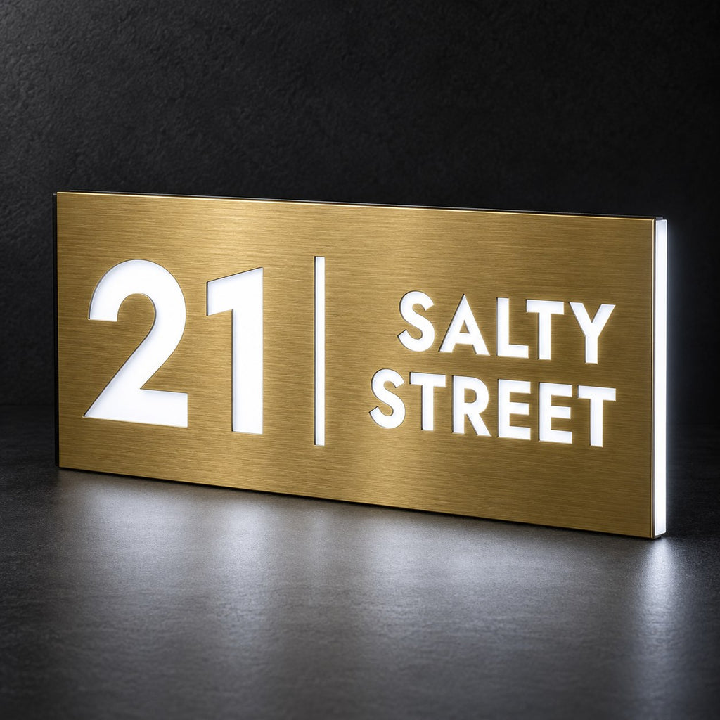 Brushed gold illuminated house number and street name sign with a brushed metal look, The Coolum, 21 Salty Street with the number, rule and street name lit from behind in cool white.