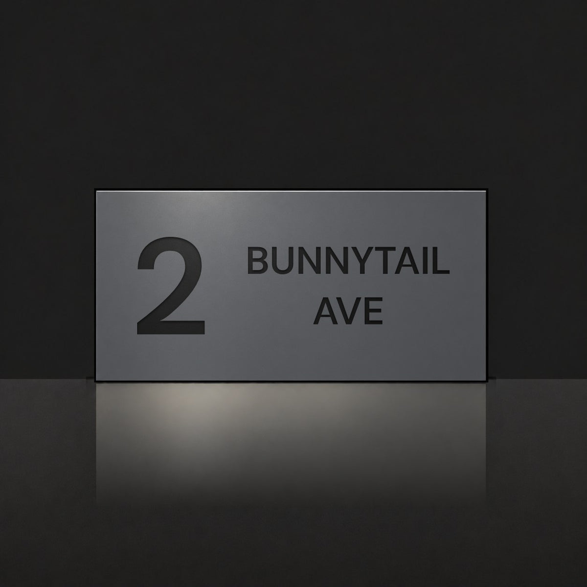 Matte charcoal house number and street name sign, The Maleny, reading 2 Bunnytail Ave in black lettering.