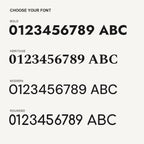 Font chart for the floating acrylic house numbers: the numbers 0 to 9 and the letters A, B and C in the bold, heritage, modern and rounded fonts.