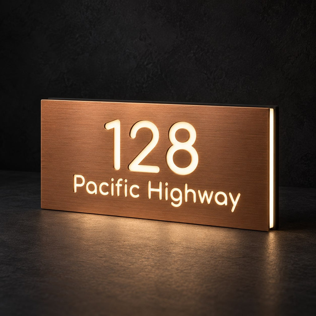 Brushed copper illuminated house number and street name sign with a brushed metal look, The Peregian, 128 Pacific Highway cut through and lit from behind in warm white.