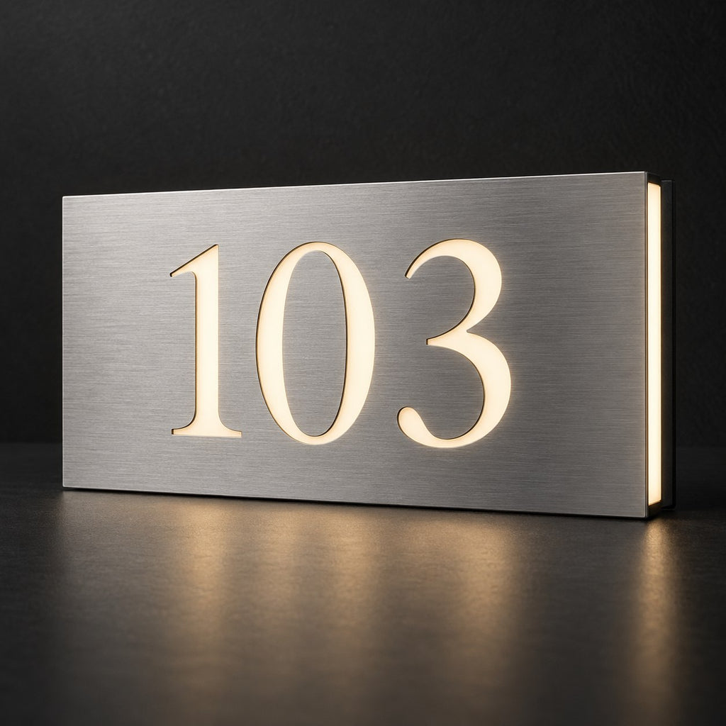 Brushed silver illuminated house number sign with a brushed metal look, The Kawana, displaying 103 lit from behind in warm white.