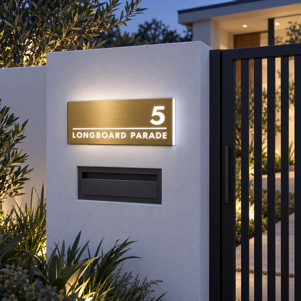 Brushed gold illuminated house number and street name sign with a brushed metal look, on a concrete entry pillar above the mailbox at dusk