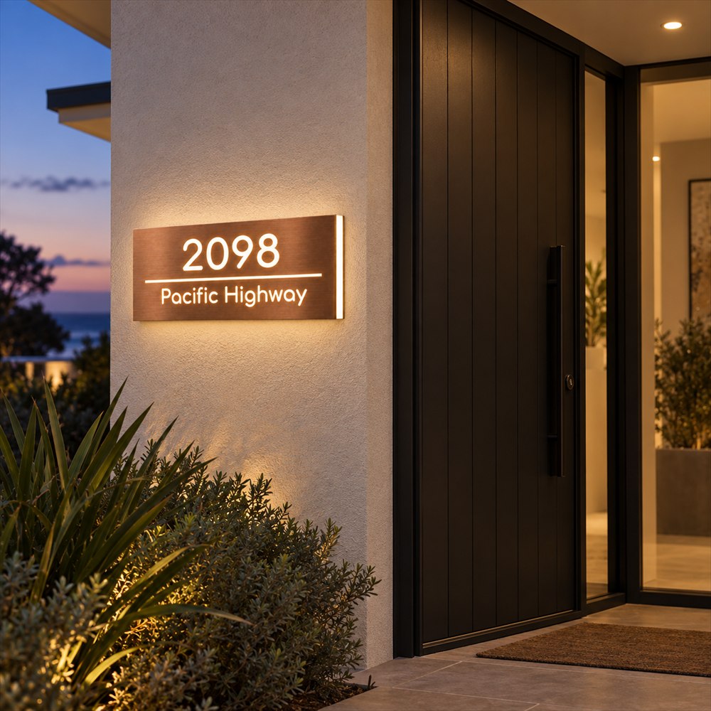 Brushed copper illuminated house number and street name sign with a brushed metal look, beside a dark front door at dusk with the ocean behind