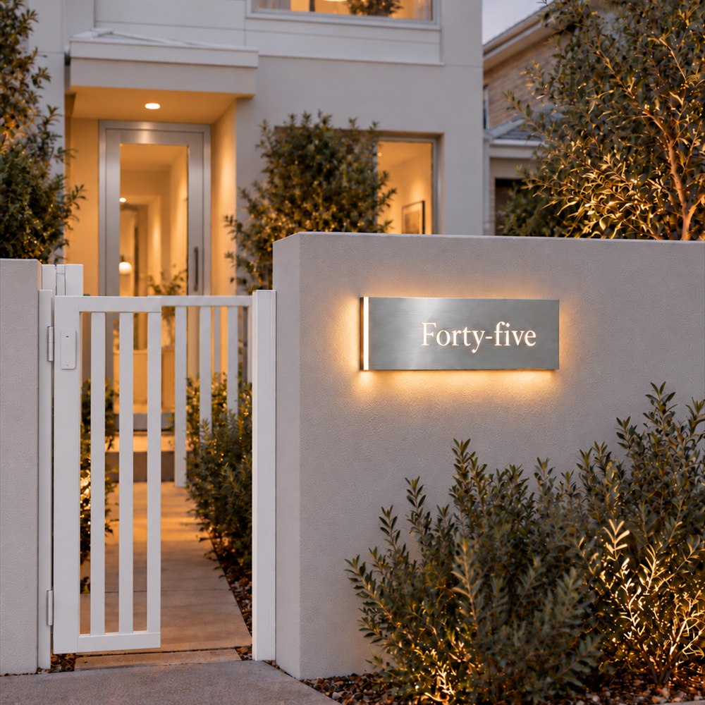 Brushed silver illuminated house number sign with a brushed metal look, the number spelled out in words, on a rendered entry wall at dusk