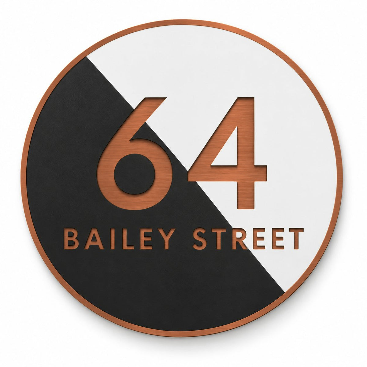 Copper round house number and street name sign reading 64 Bailey Street, split diagonally into black and white with brushed copper lettering and a copper rim, The Birtinya style.