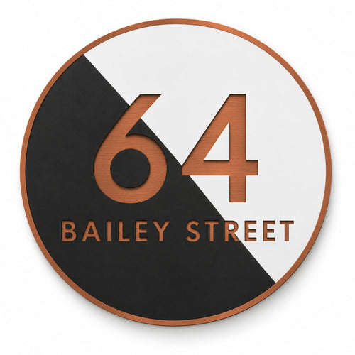 Copper round house number and street name sign reading 64 Bailey Street, split diagonally into black and white with brushed copper lettering and a copper rim, The Birtinya style.