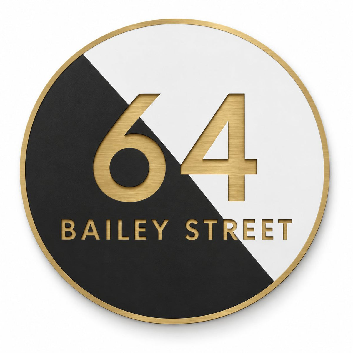 Gold round house number and street name sign reading 64 Bailey Street, split diagonally into black and white with brushed gold lettering and a gold rim, The Birtinya style.