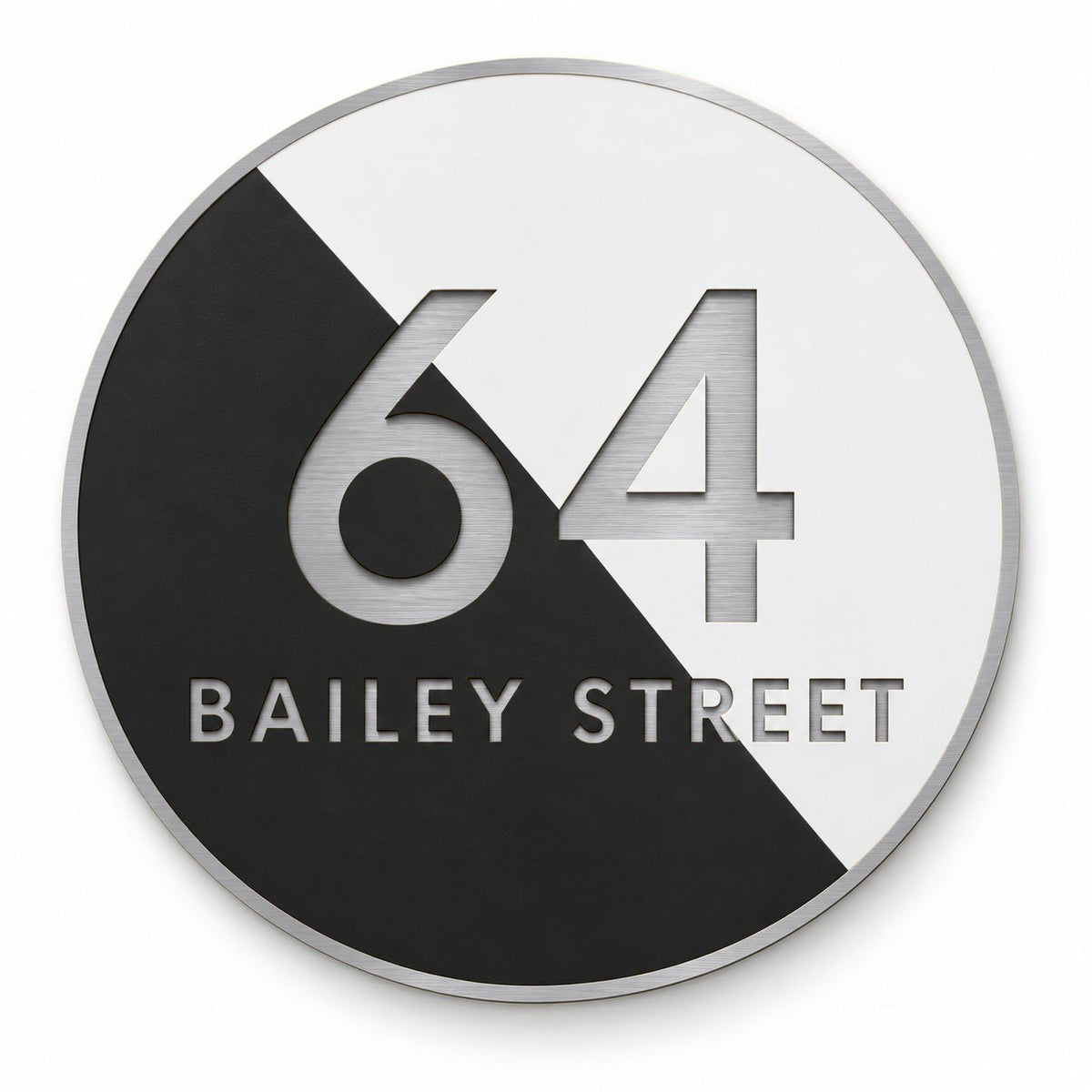 Silver round house number and street name sign reading 64 Bailey Street, split diagonally into black and white with brushed silver lettering and a silver rim, The Birtinya style.