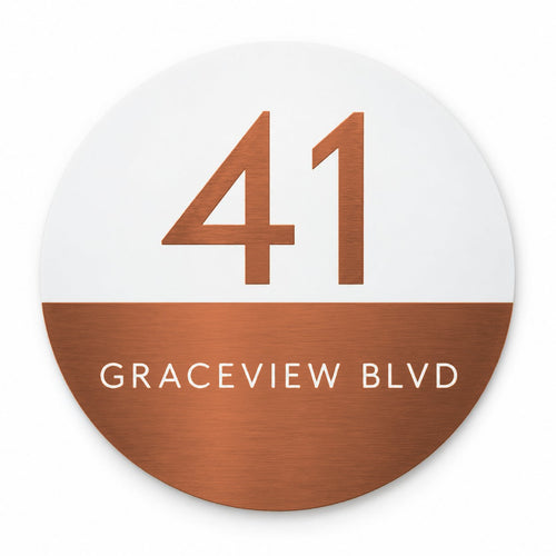 Copper round house number and street name sign reading 41 Graceview Blvd, white top half with a brushed copper number over a brushed copper bottom half with a white street name, The Buddina style.