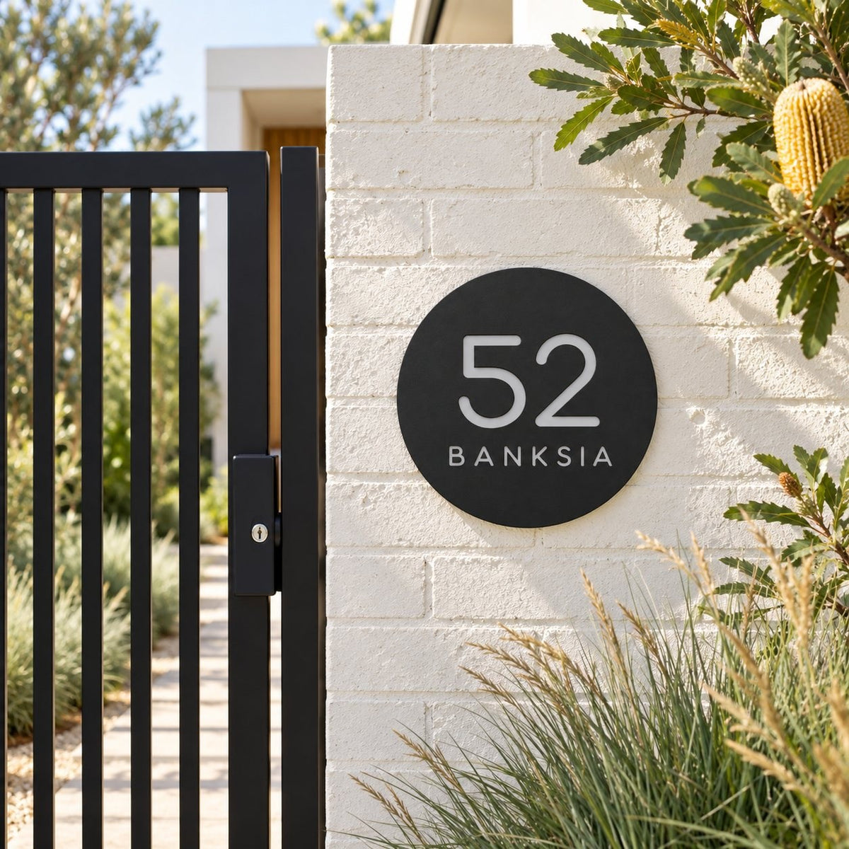 Black round house number and street name sign reading 52 Banksia in brushed silver, The Buderim style, on a white painted brick pillar beside a black gate.