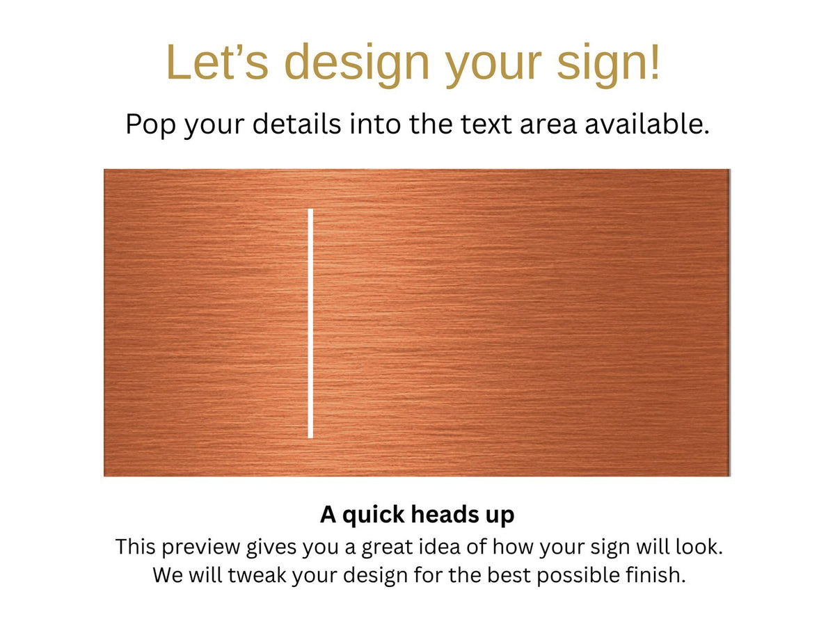 Brushed copper face preview with a brushed metal look, for The Coolum illuminated house number and street name sign, with the lit vertical rule, ready for you to add your address.